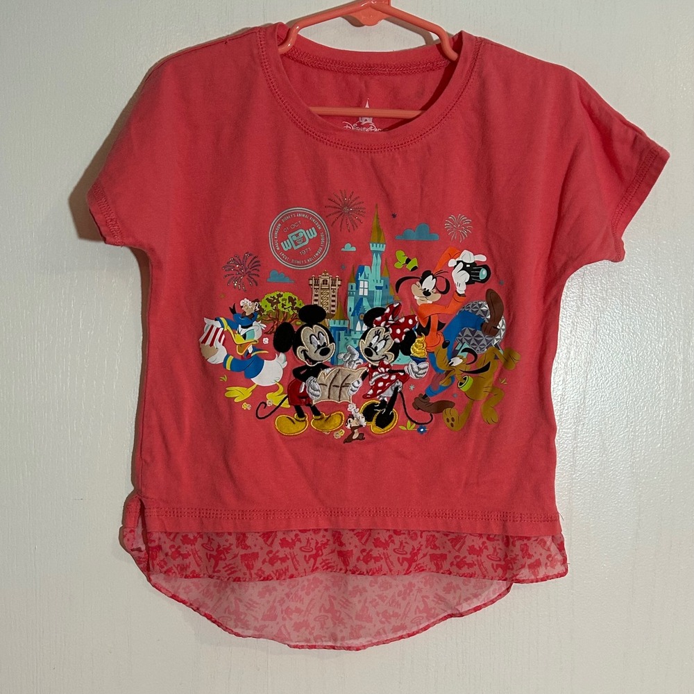 Disney Parks Girls XS Coral Pink Mickey Mouse Friends High Low Graphic T-Shirt